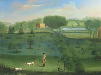 Country house scene with deer and arboretum